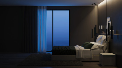 Modern house interior. Bedroom with dark walls and bright furniture. Night. Evening lighting. 3D rendering.