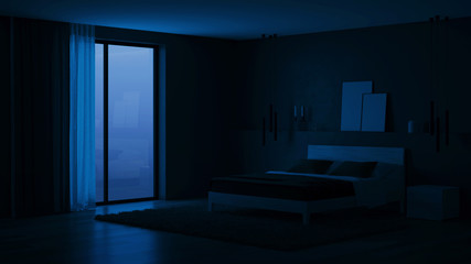 Modern house interior. Bedroom with dark walls and bright furniture. Night. Evening lighting. 3D...