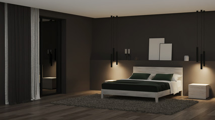 Modern house interior. Bedroom with dark walls and bright furniture. Night. Evening lighting. 3D rendering.