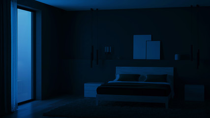 Modern house interior. Bedroom with dark walls and bright furniture. Night. Evening lighting. 3D rendering.