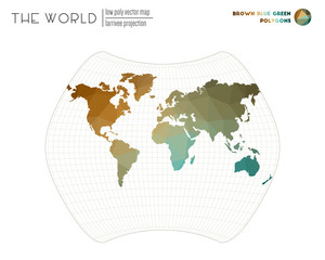 Low poly world map. Larrivee projection of the world. Brown Blue Green colored polygons. Contemporary vector illustration.