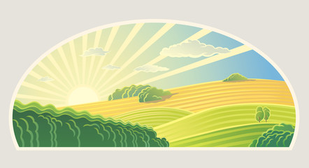 Rural landscape with dawn over fields and hills in a semicircular frame.