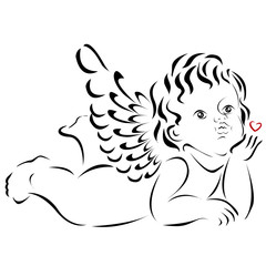 Cute Cupid and an angel of love with a heart, wings, and feathers. Silhouette for Valentine's day, vector illustration.