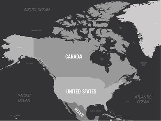 North America map - grey colored on dark background. High detailed political map North American continent with country, capital, ocean and sea names labeling