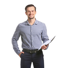 Male real estate agent on white background