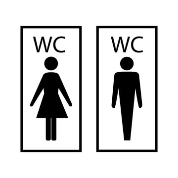 Black silhouette men and women icon in white rectangle. Sign restroom women and men. Icon public toilette and bathroom for hygiene. Template for poster, sign. Flat vector image. Vector illustration.