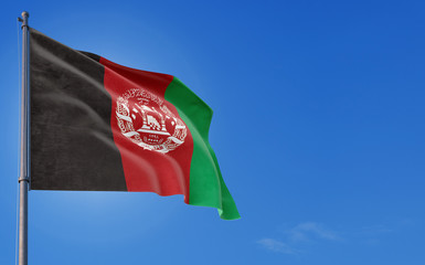 Afghanistan flag waving in the wind against deep blue sky. National theme, international concept. Copy space for text.