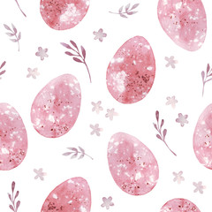 Happy easter with red eggs in grass and flowers. Seamless floral easter pattern in vintage colors. Watercolor illustration.