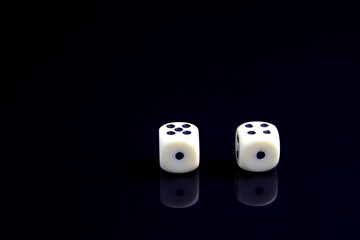 Casino black background with dice. Online casino banner. White and gold dice with reflection isolatel on black. 3d rendering casino clipart. play the game. life game