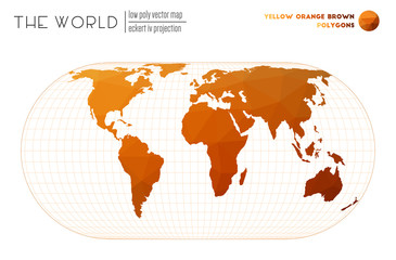Low poly world map. Eckert IV projection of the world. Yellow Orange Brown colored polygons. Awesome vector illustration.