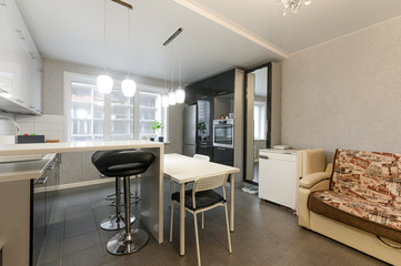 Russia, Moscow- September 10, 2019: interior room apartment modern bright cozy atmosphere. general cleaning, home decoration, preparation of house for sale