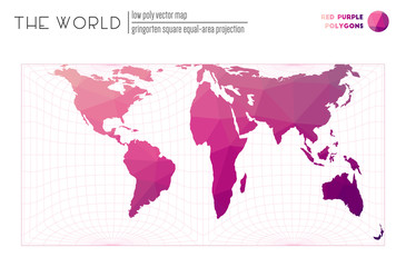 Triangular mesh of the world. Gringorten square equal-area projection of the world. Red Purple colored polygons. Beautiful vector illustration.