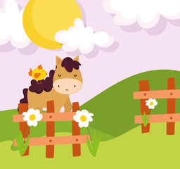 Obraz na płótnie Canvas chicken on horse fence flowers field sun farm animal cartoon