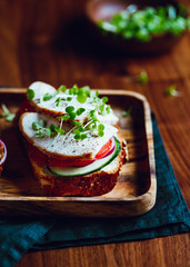 Sandwiches with turkey meat and fresh vegetables served with microgreens on a wooden plate