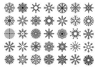 Various decorative black outline star shapes and snowflakes as winter symbols on white background