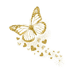 Naklejki  Złoty błyszczący motyl z sercami. Piękne złote sylwetki na białym tle. Na Walentynki, zaproszenia ślubne, karty, branding, etykieta, baner, koncepcja projektu. Ilustracja wektorowa.