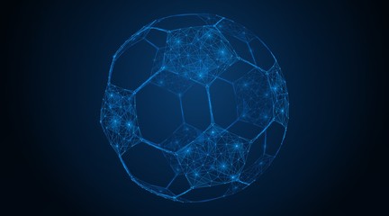 Abstract polygonal soccer ball. A low-poly grid of lines and dots forms a football symbol. Blue background. - obrazy, fototapety, plakaty