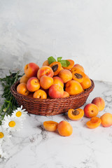 ripe apricots in a basket with daisies on a light background