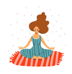 A young woman practices yoga on the carpet. Girl relaxes in the lotus position. Concept illustration, relaxation, healthy lifestyle, meditation. Vector isolated on white.