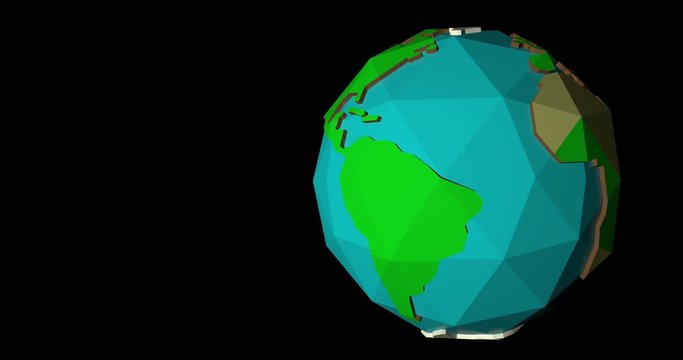 Low poly earth animation on black background. 3d render in 4k