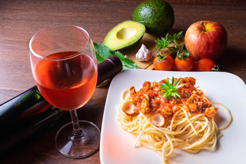 Spaghetti and Italian pasta with wine