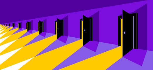 Different doors half open symbolizes diversity of variants and choosing alternate options vector illustration 3d modern poster style.