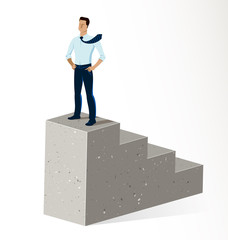 Businessman standing on top stairs vector illustration, success and career progress concept, leadership ambitions, gorgeous handsome business man.