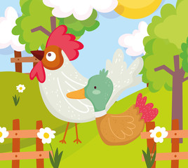 rooster and duck fence flowers trees farm animal cartoon