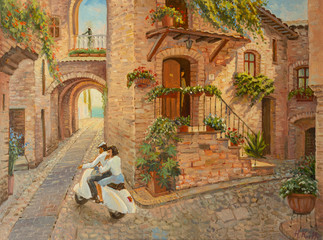 A trip to Italy is an oil painting on canvas, where an old house is painted and the southern streets and young lovers go to the sea on a retro moped