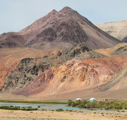 Dry mountains of Mongolia, Hovd river. Traveling in Asia.