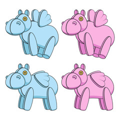 Set of color illustrations with pink and blue toy hippos with wings. Isolated vector objects on a white background.