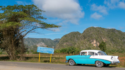 baby-blue cuban classic car in the vinales landscape with a street sign a big tree, meadows and mountains, cuba	