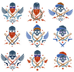 Gangster emblem logo or tattoo with aggressive skull baseball bats and other weapons and design elements, vector set, criminal ghetto vintage style, gangster anarchy or mafia theme.