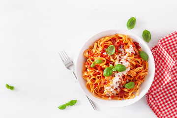 tagliatelle pasta with tomato sauce parmesan basil