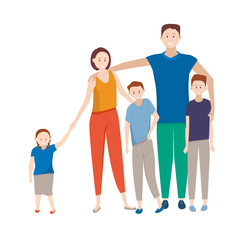 Parents with three children. A family with many children. Characters isolated on white background