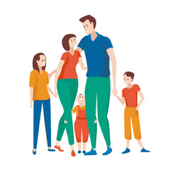 Parents with three children. Family with many children. Characters isolated on white background..