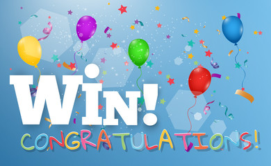  Winner background with light effects, confetti, and beautiful balloons. Winning illustration for congratulations.