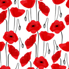 Poppy seamless pattern. Red poppies on white background. Can be uset for textile, wallpapers, prints and web design. Vector illustration. - 317246779