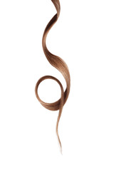 Brown hair on white background, isolated. Thin curly thread