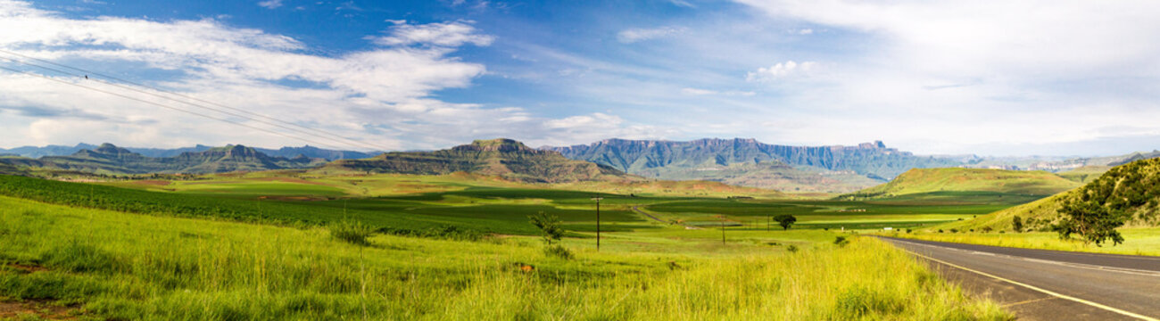Panorama of the Amphitheatre of the Drakensberg mountains on a sunny summer day, Royal Natal National Park, South Africa