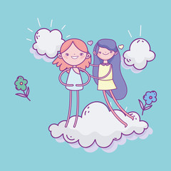 happy valentines day, cute girl and cupid standing on cloud with flowers
