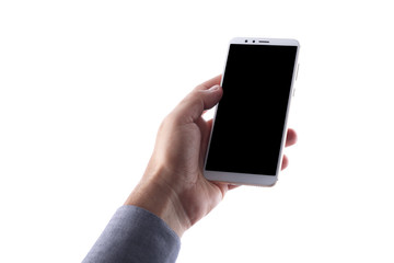 close up hand hold phone isolated on white, mock-up smartphone white color blank screen