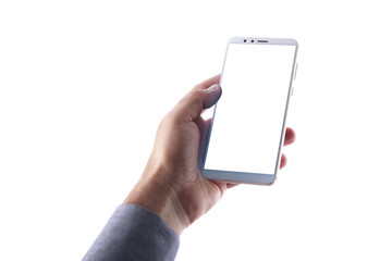 close up hand hold phone isolated on white, mock-up smartphone white color blank screen