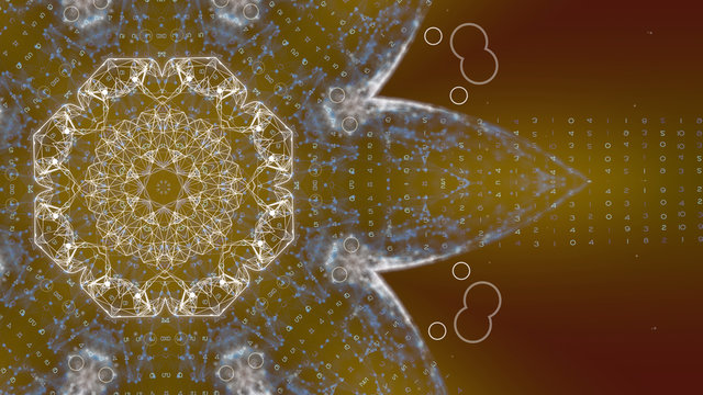 Binary code processing concept. Glowing geometric plexus pattern in shape of flower encoding endless rows of digits from every petal.