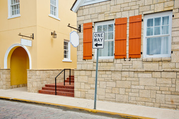 Retro house and the sign one way at the street, St Augustine, Florida, USA