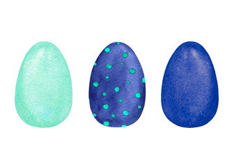 Watercolor Happy Easter set with painted eggs. Three hand drawn colorful elements in trend colors for holiday design and decoration isolated on white background