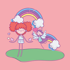 happy valentines day, funny cupids girls rainbow clouds hearts love