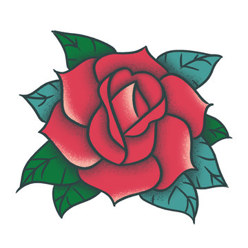 Hand drawn red rose with leaves. Imitation of old tattoo style.