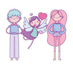 happy valentines day, young couple flying cupid with arrow and hearts love