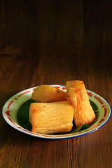 Deep fried cassava root. Brazilian Mandioca Frita (deep fried cassava/ manioc/yuca). Feijoada side dish